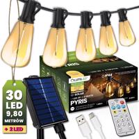 Girlanda solární zahradní 30x LED Ozdobne žárovky 9,8m 2700K Teplá bílá + Ovladač PYRIS LUMILED